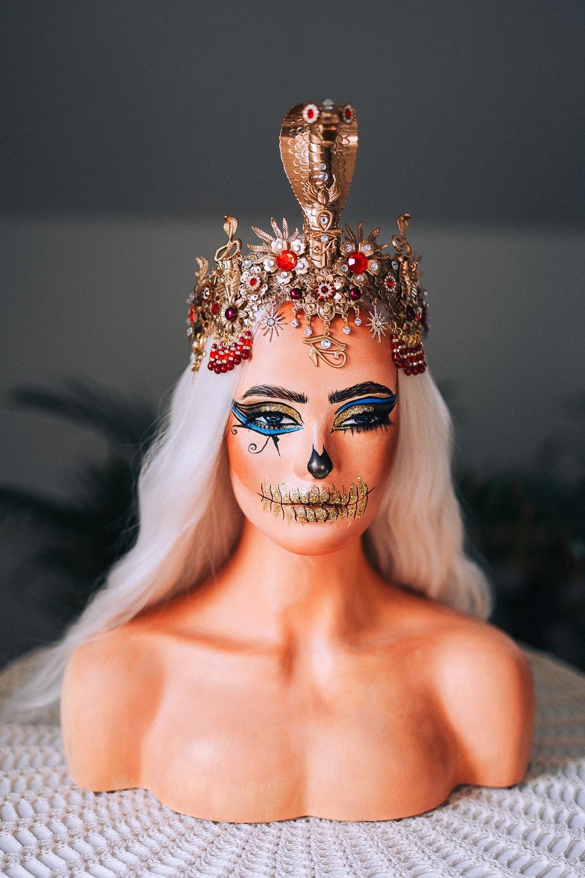 Cleopatra Crown Gold Snake Headdress Red Gem Halo Crown Egyptian Costume Ankh Jewelry Queen of Egypt Halloween Headpiece