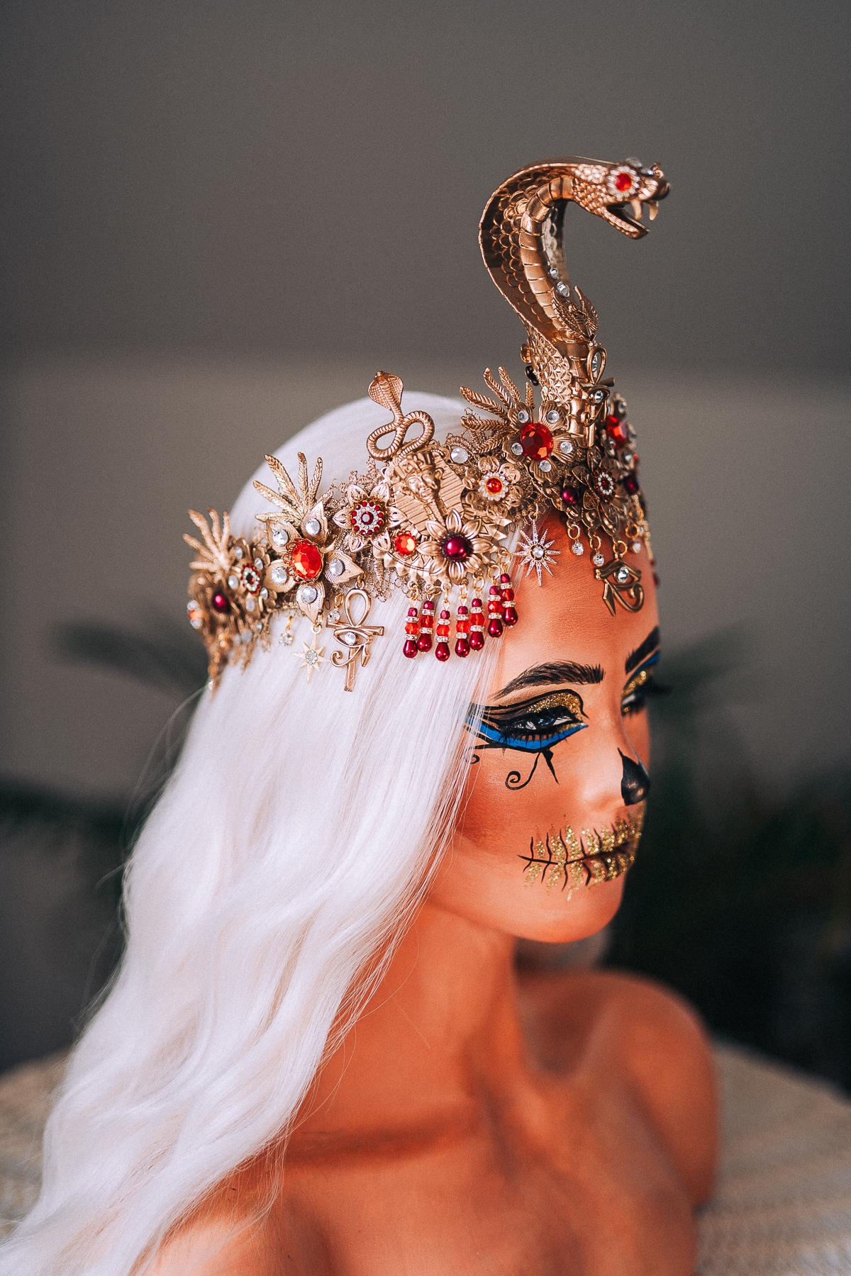 Cleopatra Crown Gold Snake Headdress Red Gem Halo Crown Egyptian Costume Ankh Jewelry Queen of Egypt Halloween Headpiece