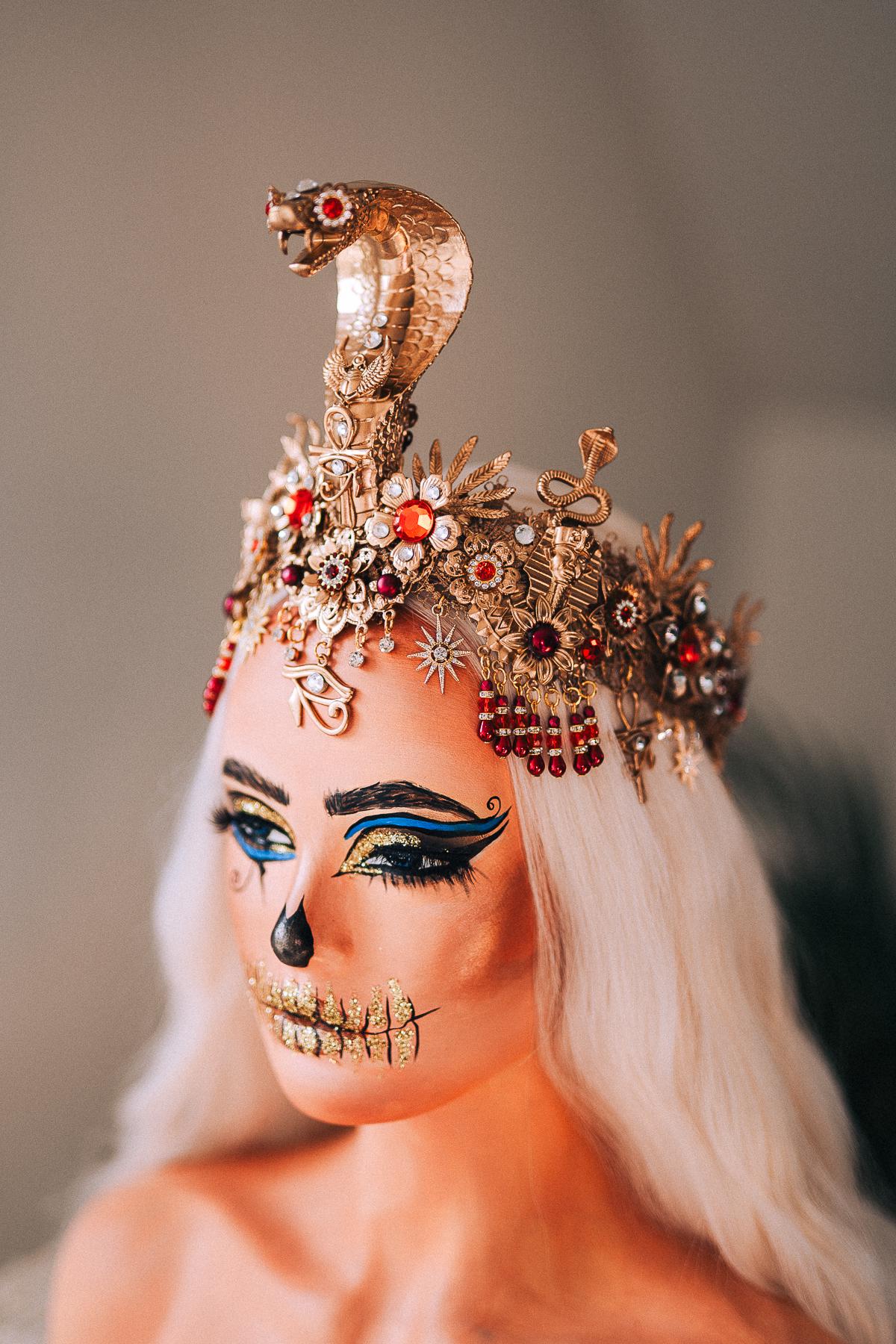 Cleopatra Crown Gold Snake Headdress Red Gem Halo Crown Egyptian Costume Ankh Jewelry Queen of Egypt Halloween Headpiece