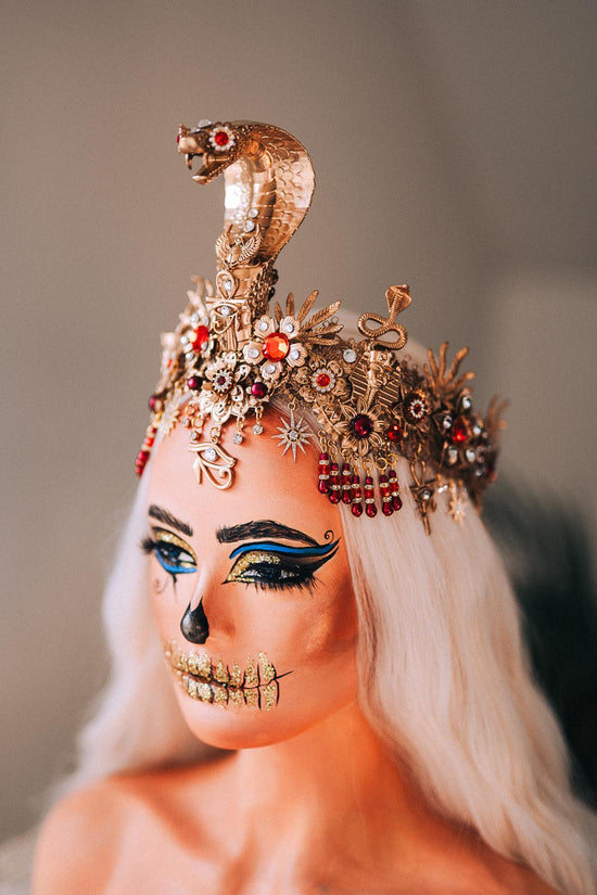 Cleopatra Crown Gold Snake Headdress Red Gem Halo Crown Egyptian Costume Ankh Jewelry Queen of Egypt Halloween Headpiece