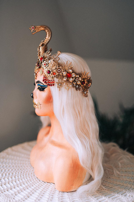 Cleopatra Crown Gold Snake Headdress Red Gem Halo Crown Egyptian Costume Ankh Jewelry Queen of Egypt Halloween Headpiece