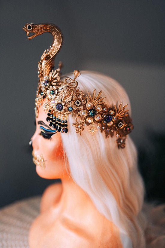 Cleopatra Gold Snake Crown Egyptian Headpiece Halloween Costume Anubis Jewelry Pharaoh Tiara Goddess Cosplay Accessory
