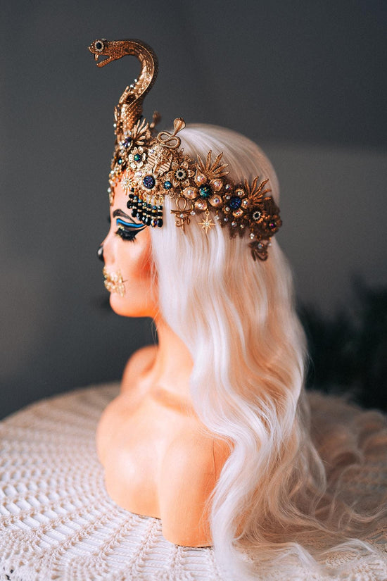 Cleopatra Gold Snake Crown Egyptian Headpiece Halloween Costume Anubis Jewelry Pharaoh Tiara Goddess Cosplay Accessory