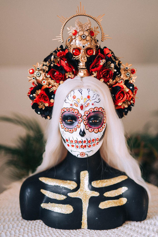 La Catrina Skull Crown Red Black Roses Gold Halo Headpiece for Día de los Muertos Halloween Costume Sugar Skull Look