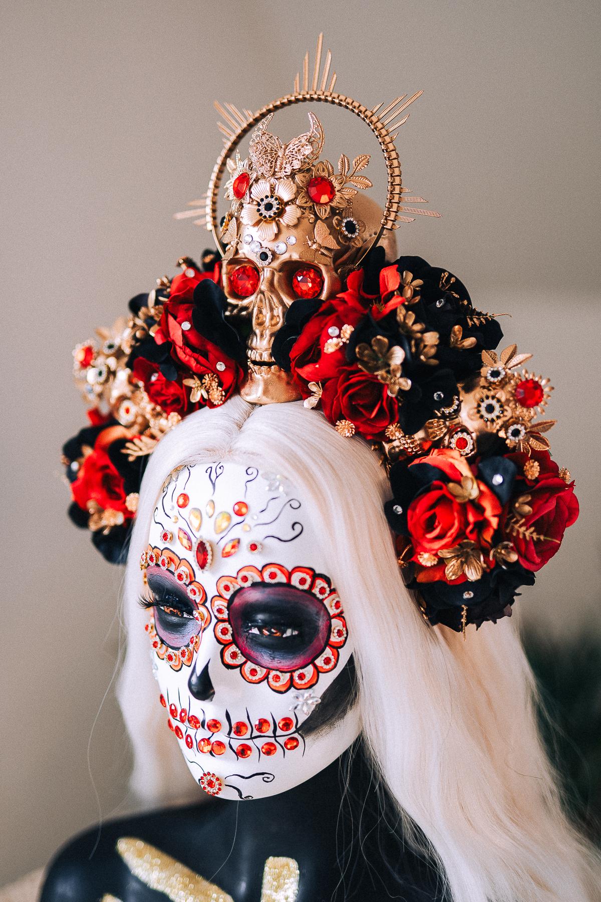 La Catrina Skull Crown Red Black Roses Gold Halo Headpiece for Día de los Muertos Halloween Costume Sugar Skull Look