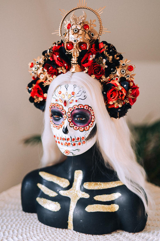La Catrina Skull Crown Red Black Roses Gold Halo Headpiece for Día de los Muertos Halloween Costume Sugar Skull Look