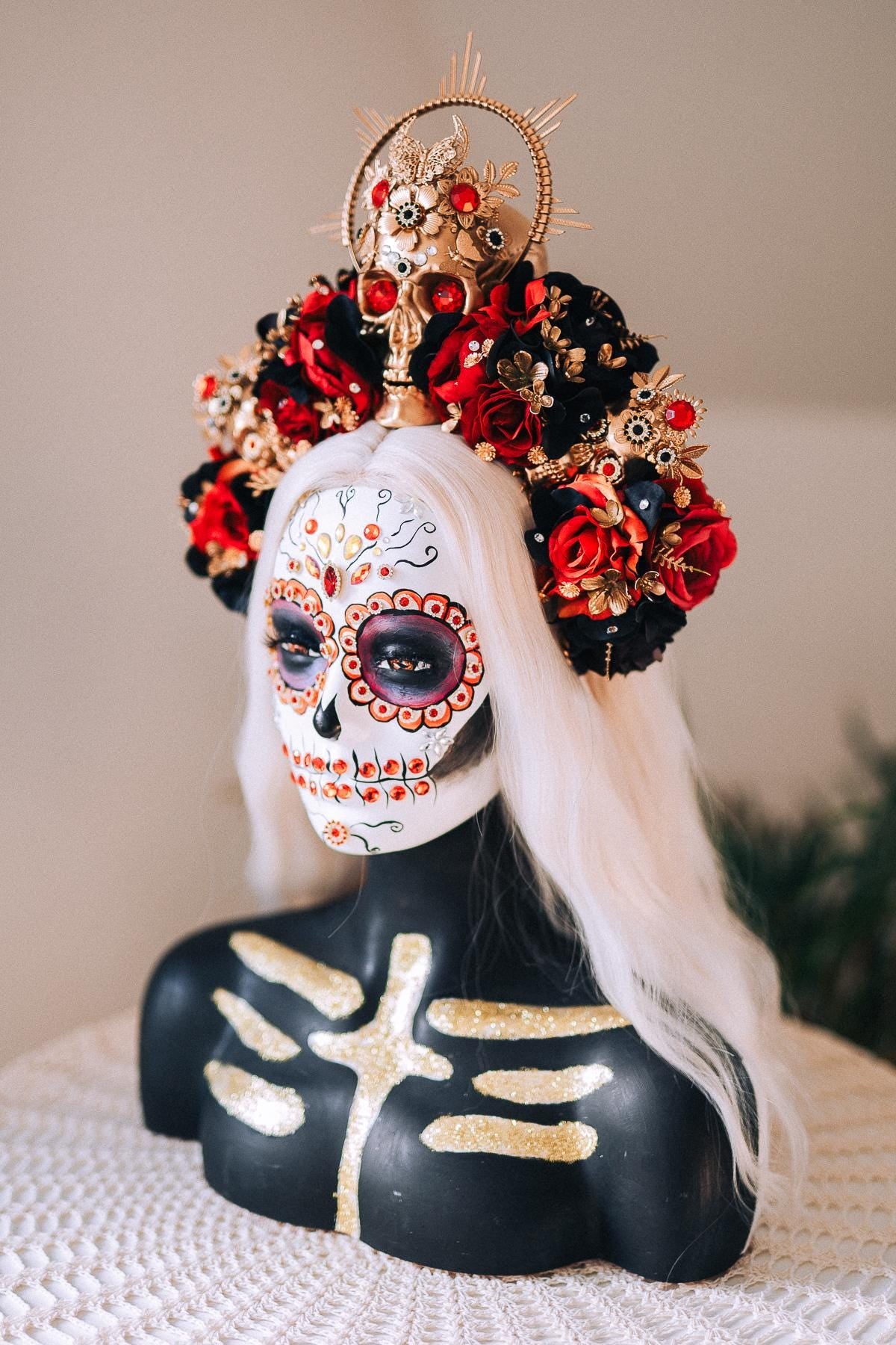 La Catrina Skull Crown Red Black Roses Gold Halo Headpiece for Día de los Muertos Halloween Costume Sugar Skull Look