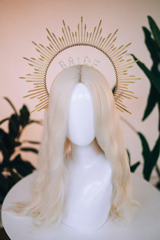 Bride halo crown, Bride headband, Bride to be, Bachelorette party, Gold halo crown, Gold crown, Goddess crown, Wedding veil, Wedding garter
