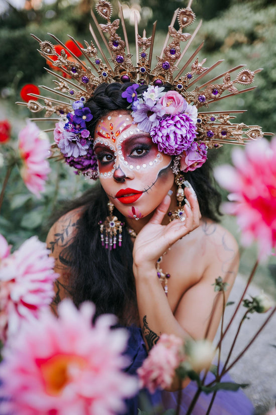 La Catrina Earrings Lavender Flowers Purple Roses Gold Statement Jewelry Halloween Accessories Dia De Los Muertos Mexican Style