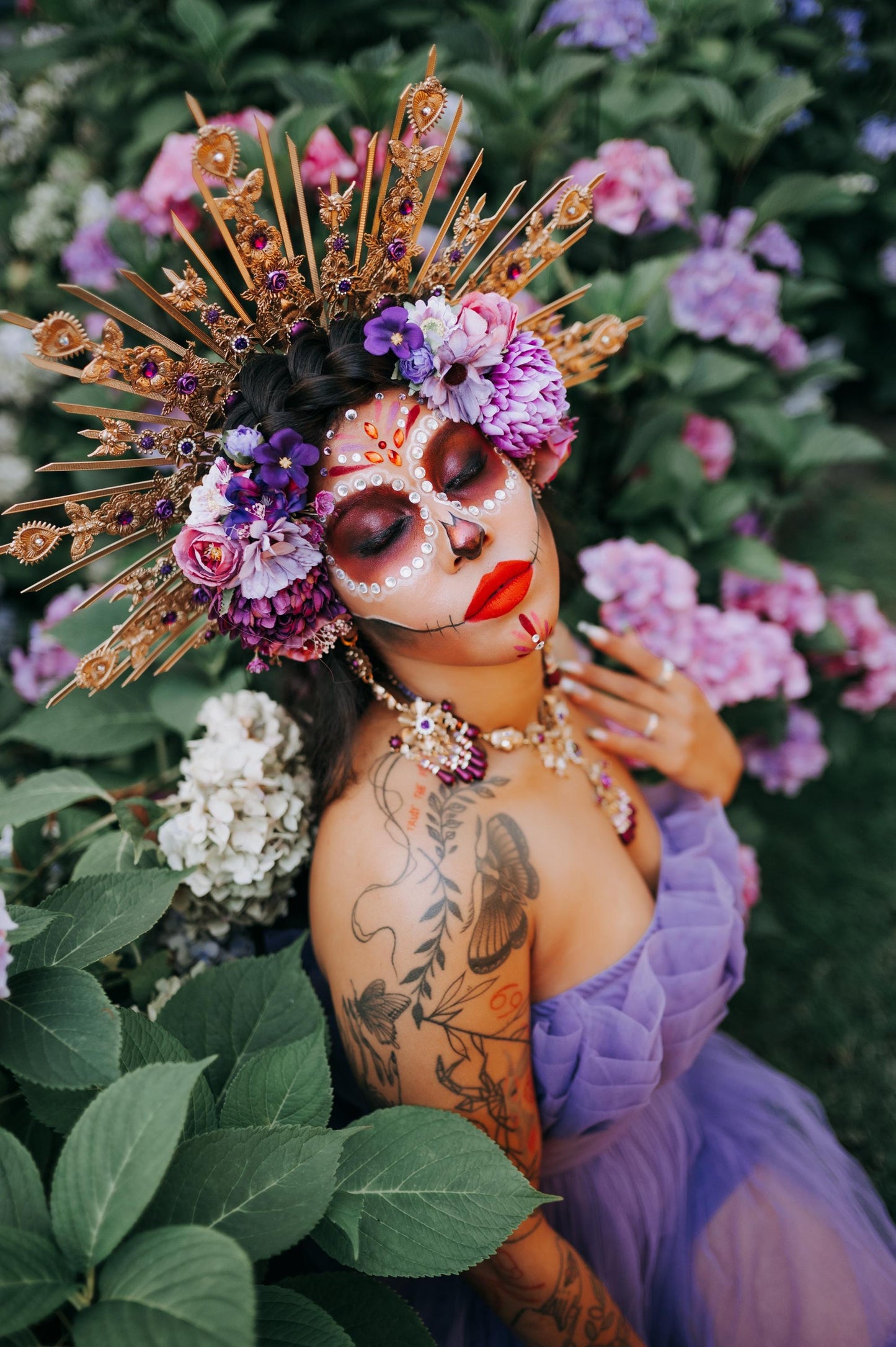 La Catrina Earrings Lavender Flowers Purple Roses Gold Statement Jewelry Halloween Accessories Dia De Los Muertos Mexican Style