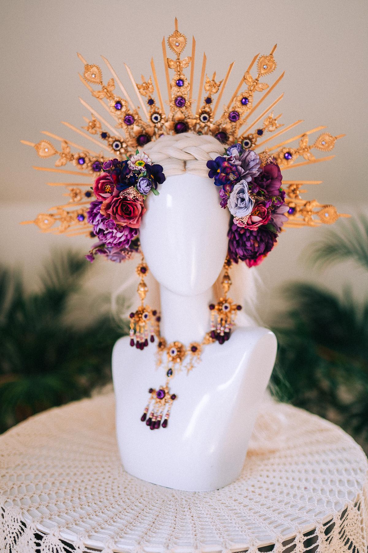 La Catrina Earrings Lavender Flowers Purple Roses Gold Statement Jewelry Halloween Accessories Dia De Los Muertos Mexican Style