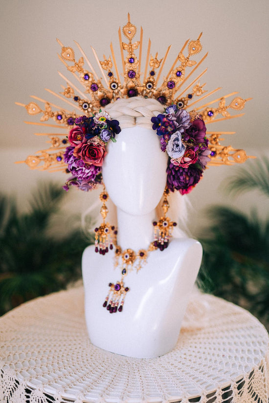 La Catrina Earrings Lavender Flowers Purple Roses Gold Statement Jewelry Halloween Accessories Dia De Los Muertos Mexican Style