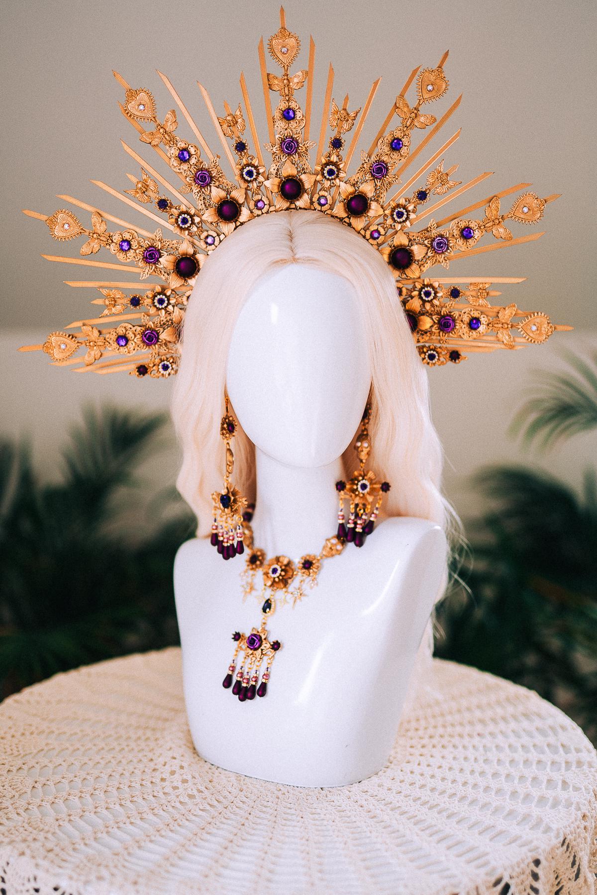 La Catrina Earrings Lavender Flowers Purple Roses Gold Statement Jewelry Halloween Accessories Dia De Los Muertos Mexican Style