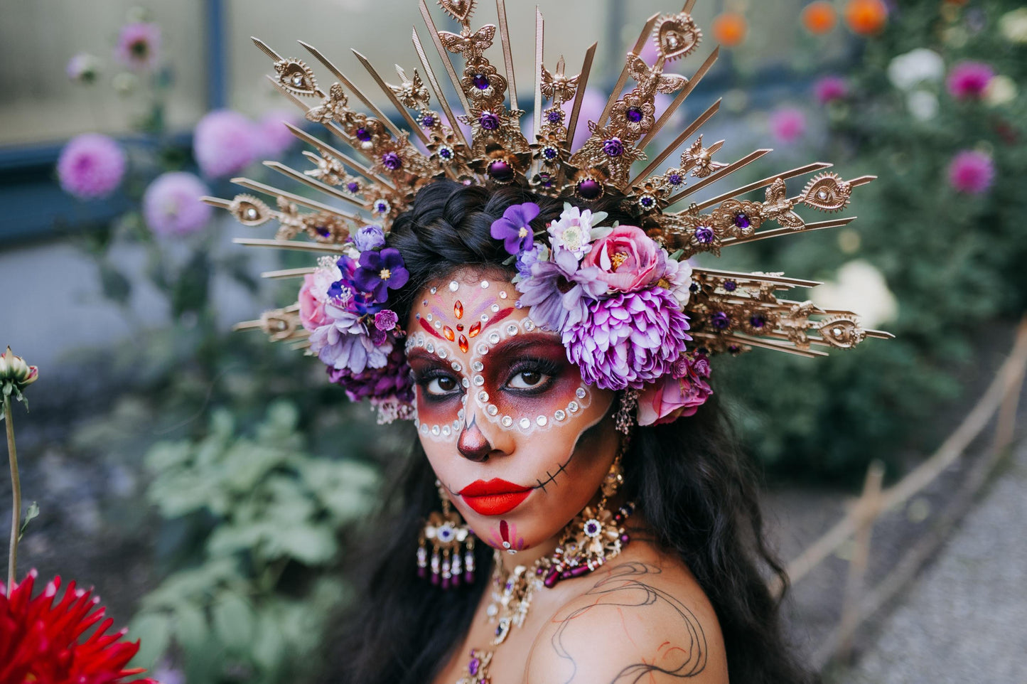 La Catrina Necklace, Gold Choker, Purple Pink Flowers, Festival Jewelry, Mexican Style, Statement Necklace, Gothic Floral Costume