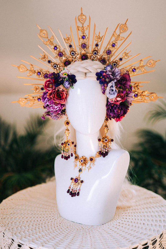 La Catrina Necklace, Gold Choker, Purple Pink Flowers, Festival Jewelry, Mexican Style, Statement Necklace, Gothic Floral Costume