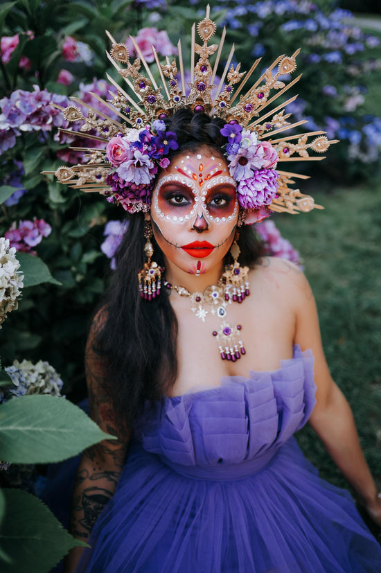 La Catrina Necklace, Gold Choker, Purple Pink Flowers, Festival Jewelry, Mexican Style, Statement Necklace, Gothic Floral Costume