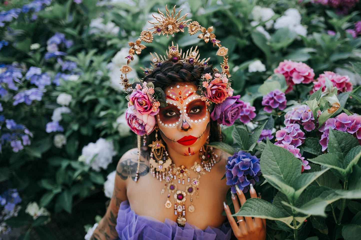 La Catrina Gold Halo Crown Purple Flowers Lavender Pearls Halloween Costume Headpiece Day Of The Dead Skull Makeup Accessory