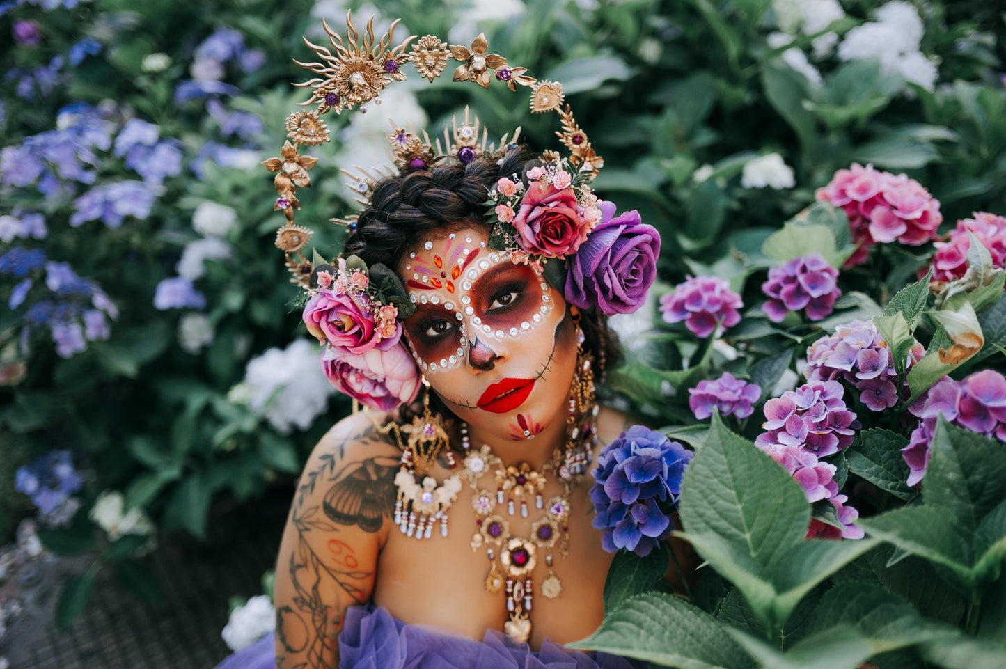 La Catrina Gold Necklace Purple Roses Lavender Pearls Gothic Jewelry Day Of The Dead Dia De Muertos Halloween Costume Accessory