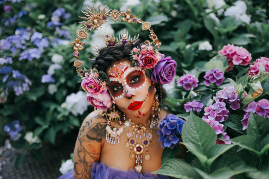 La Catrina Gold Necklace Purple Roses Lavender Pearls Gothic Jewelry Day Of The Dead Dia De Muertos Halloween Costume Accessory