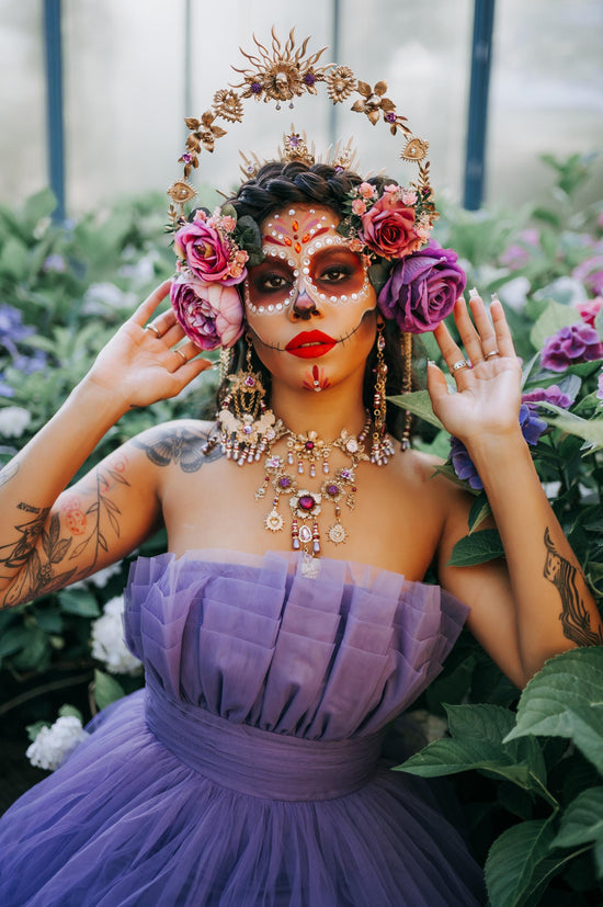 La Catrina Gold Necklace, Purple Roses, Day Of The Dead Jewelry - Full Hairpin Set La Catrina Gold Necklace, Purple Roses, Day Of The Dead Jewelry - Full Hairpin Set