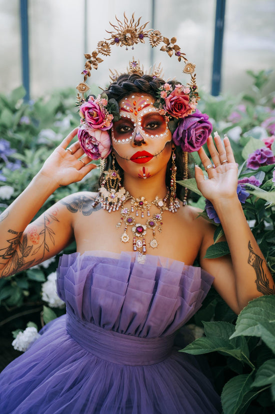 La Catrina Gold Earrings Purple Roses Lavender Pearls Gothic Jewelry Day Of The Dead Dia De Muertos Halloween Costume Accessory