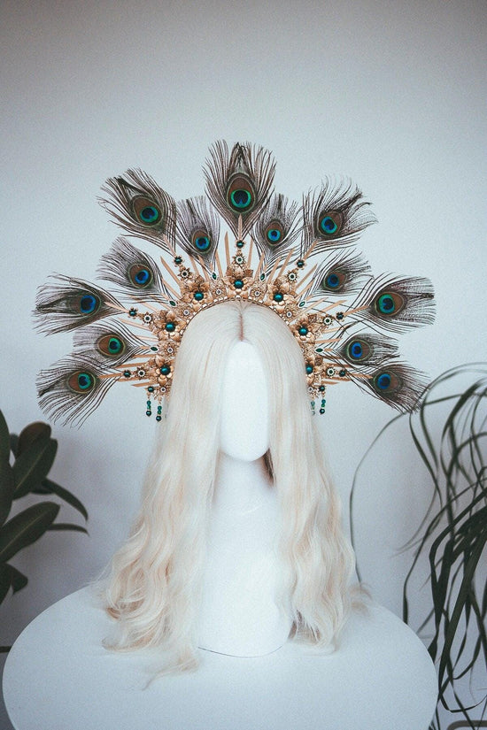 Peacock Halo Crown, Gold Goddess Headpiece, Festival Tiara, Bridal Halo, Maternity Photoshoot, Carnival Costume, Statement Feather Crown