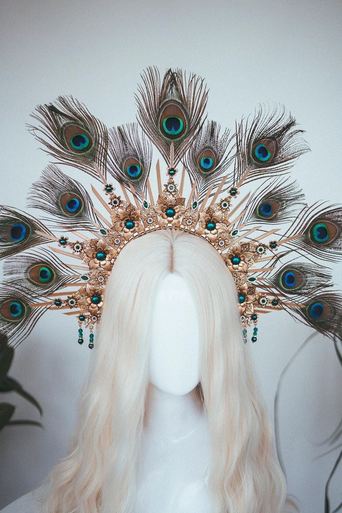 Peacock Halo Crown, Gold Goddess Headpiece, Festival Tiara, Bridal Halo, Maternity Photoshoot, Carnival Costume, Statement Feather Crown