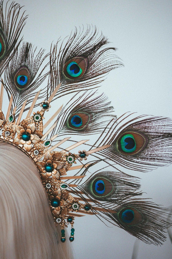 Peacock Halo Crown, Gold Goddess Headpiece, Festival Tiara, Bridal Halo, Maternity Photoshoot, Carnival Costume, Statement Feather Crown
