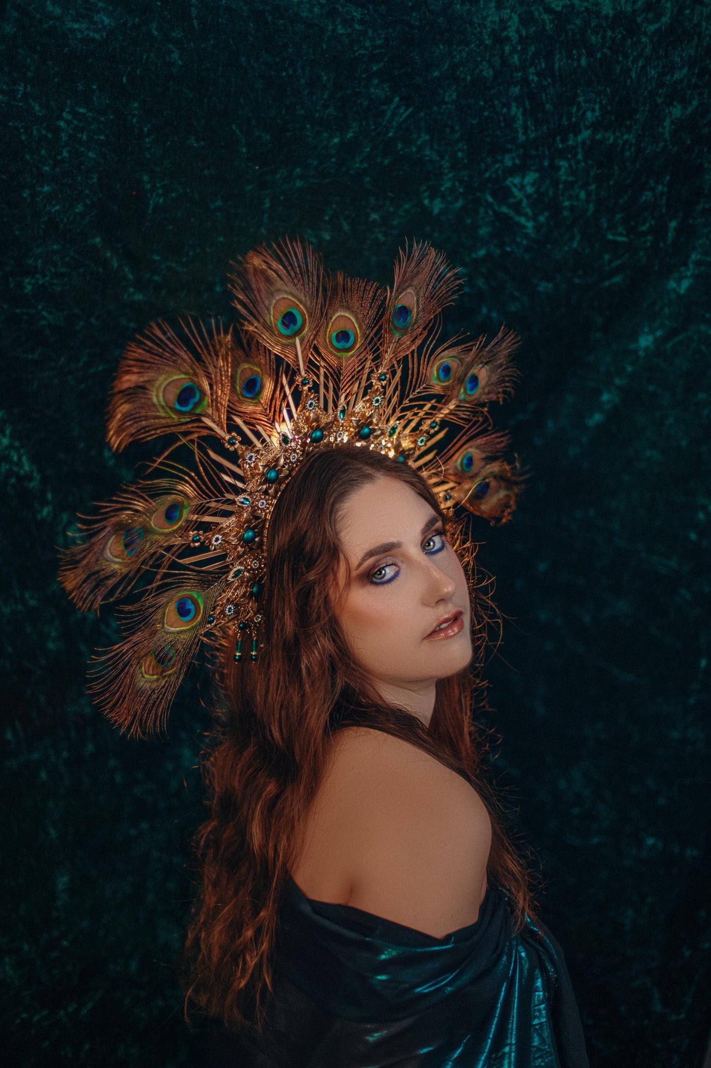 Peacock Halo Crown, Gold Goddess Headpiece, Festival Tiara, Bridal Halo, Maternity Photoshoot, Carnival Costume, Statement Feather Crown