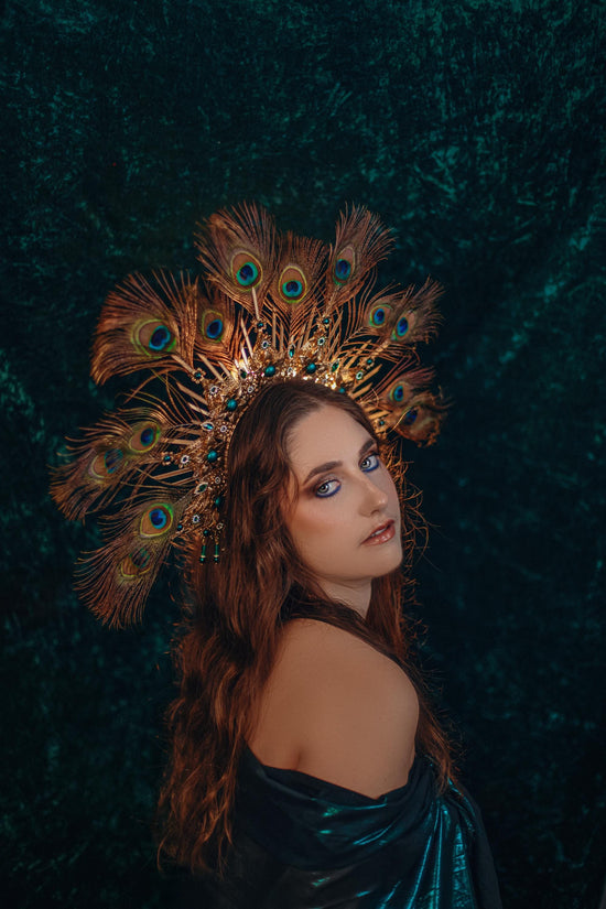 Peacock Halo Crown, Gold Goddess Headpiece, Festival Tiara, Bridal Halo, Maternity Photoshoot, Carnival Costume, Statement Feather Crown