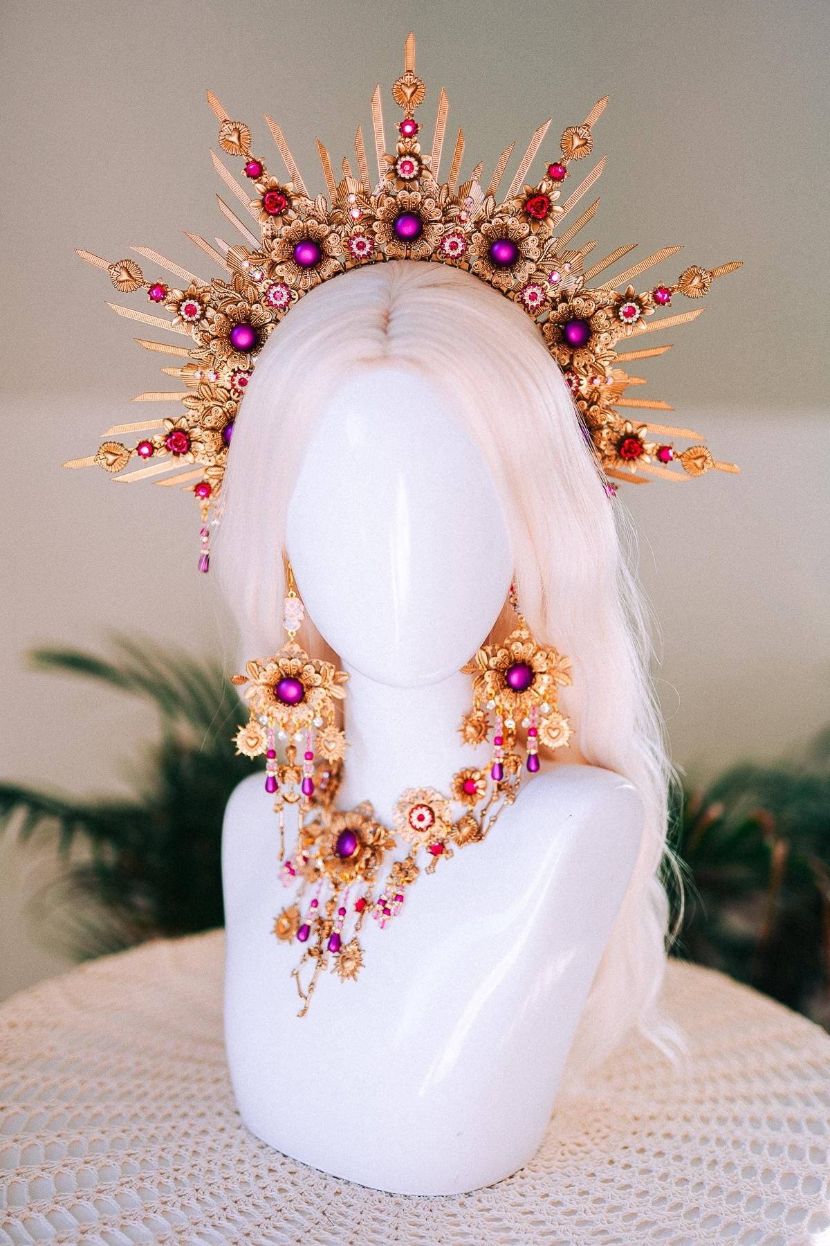 La Catrina Red Gold Halo Crown Floral Skull Goddess Headpiece Halloween Costume Tiara Festival Headdress