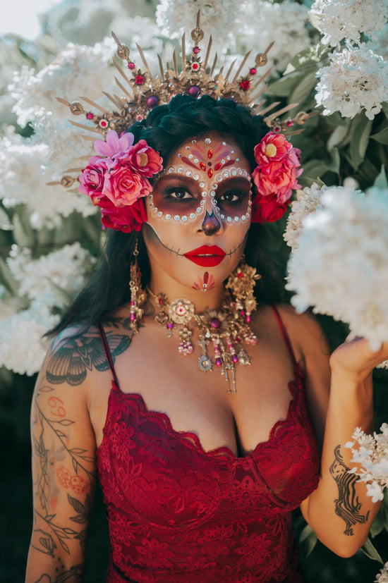 La Catrina Red Gold Necklace Floral Gothic Jewelry Dia De Los Muertos Statement Choker Festival Costume Accessory