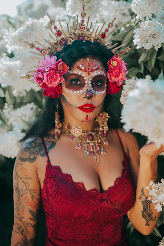 La Catrina Earrings Red Gold Extravagant Jewelry Gothic Halloween Costume Festival Statement Accessory Sacred Jewelry