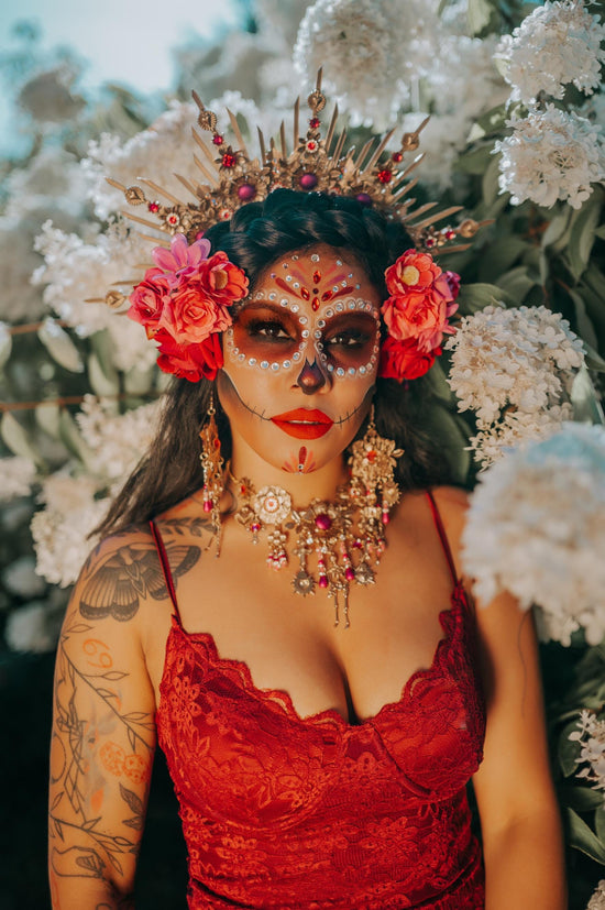 La Catrina Red Gold Hairpins Floral Gothic Dia De Muertos Festival Halloween Costume Accessories Set