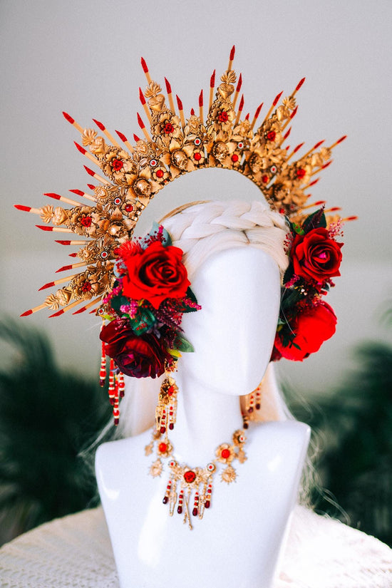 La Catrina Red Roses Gold Halo Crown Gothic Halloween Costume Headpiece Sacred Mexican Dia De Muertos Crown