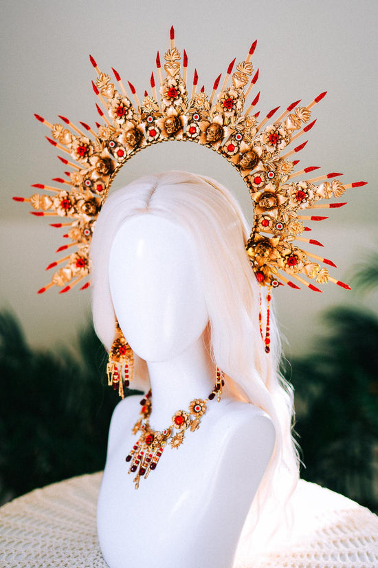 La Catrina Red Roses Gold Halo Crown Gothic Halloween Costume Headpiece Sacred Mexican Dia De Muertos Crown