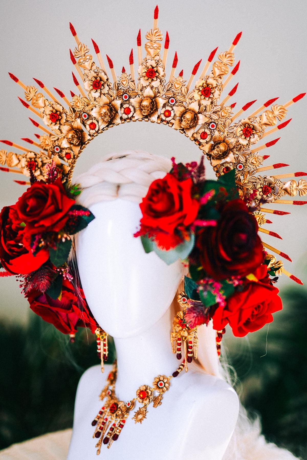 Red Gold La Catrina Necklace Dia De Muertos Jewelry Gothic Statement Necklace Mexican Festival Choker Halloween Goddess Necklace