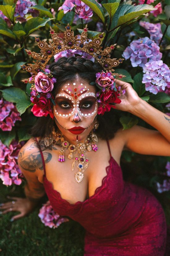 La Catrina Earrings Sacred Heart Cross Jewelry Gold Pink Purple Statement Earrings Mexican Festival Jewelry Dia De Los Muertos