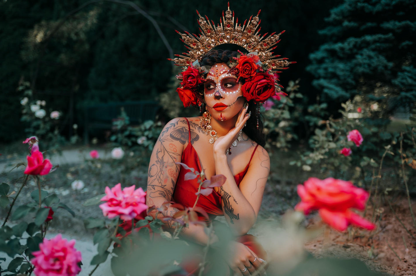 La Catrina Hairpins Red Roses Gold Flowers Mexican Skulls Día De Los Muertos Crown Accessories Spiritual Headpiece Floral Halo