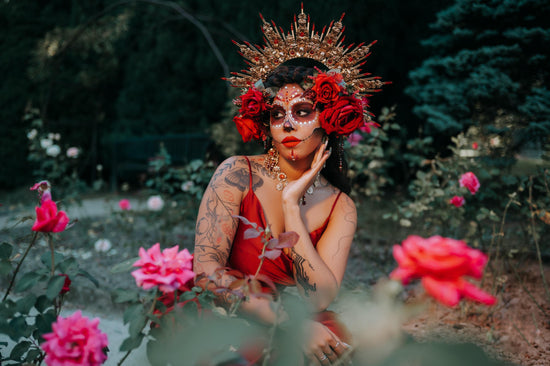 La Catrina Hairpins Red Roses Gold Flowers Mexican Skulls Día De Los Muertos Crown Accessories Spiritual Headpiece Floral Halo