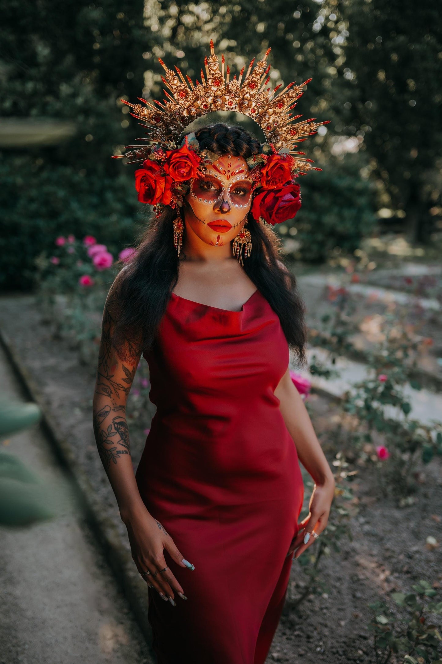 La Catrina Hairpins Red Roses Gold Flowers Mexican Skulls Día De Los Muertos Crown Accessories Spiritual Headpiece Floral Halo