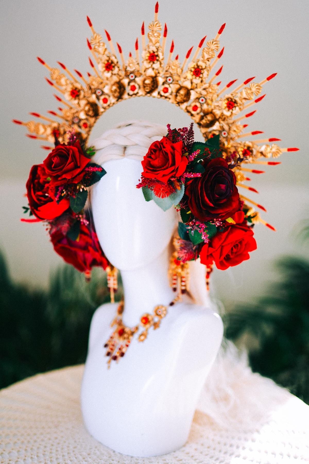 La Catrina Hairpins Red Roses Gold Flowers Mexican Skulls Día De Los Muertos Crown Accessories Spiritual Headpiece Floral Halo
