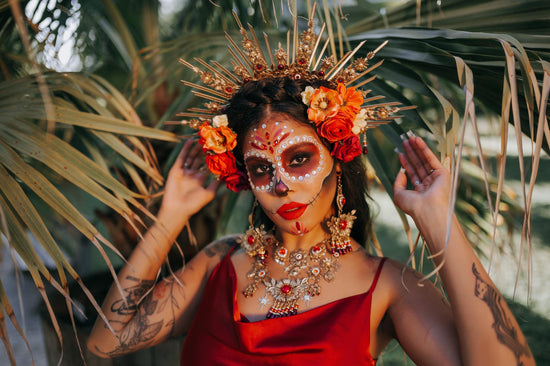 La Catrina Crown Red Roses Orange Flowers Gold Halo Mexican Día De Los Muertos Headpiece Spiritual Floral Goddess Crown