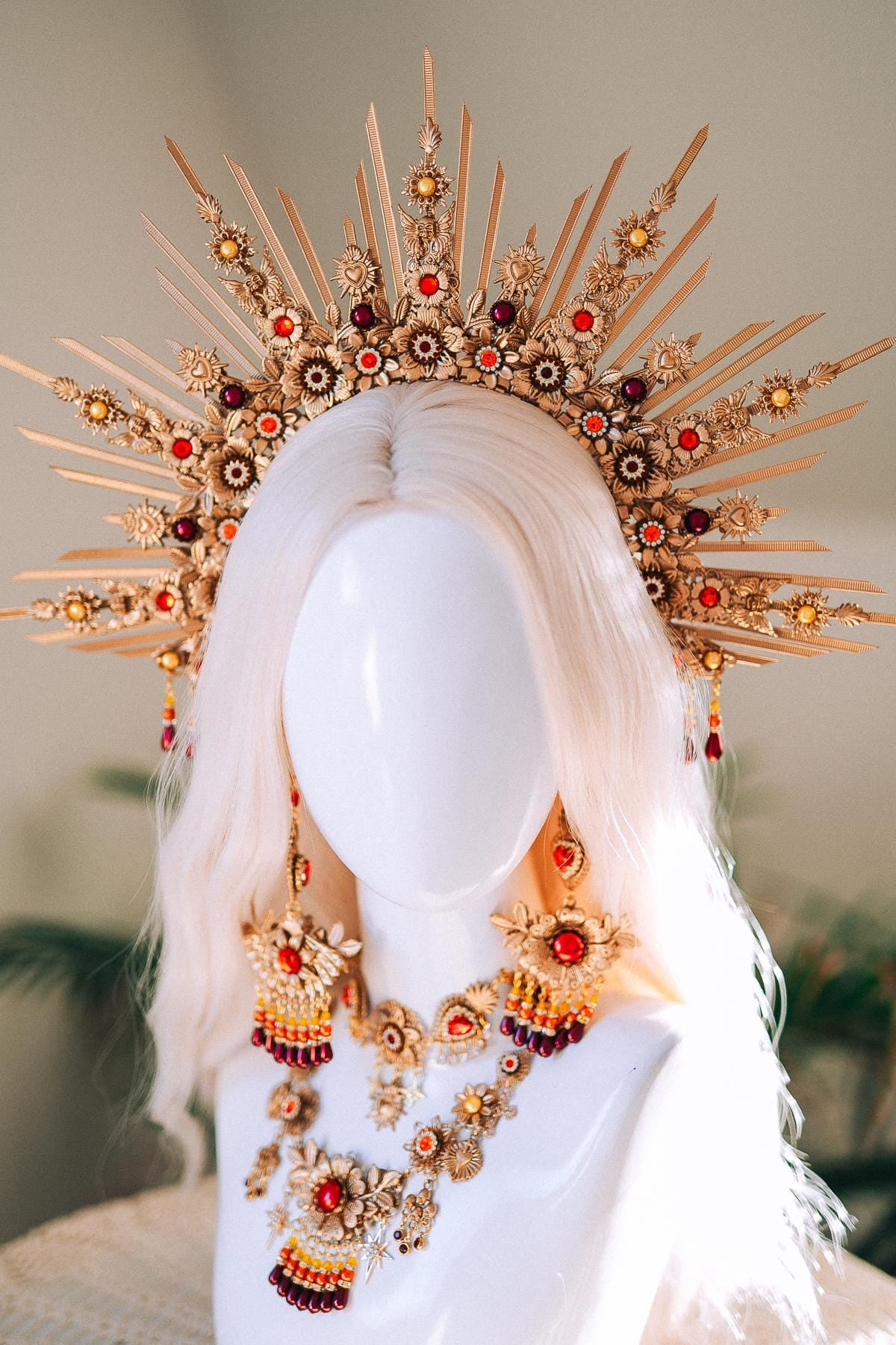 La Catrina Crown Red Roses Orange Flowers Gold Halo Mexican Día De Los Muertos Headpiece Spiritual Floral Goddess Crown