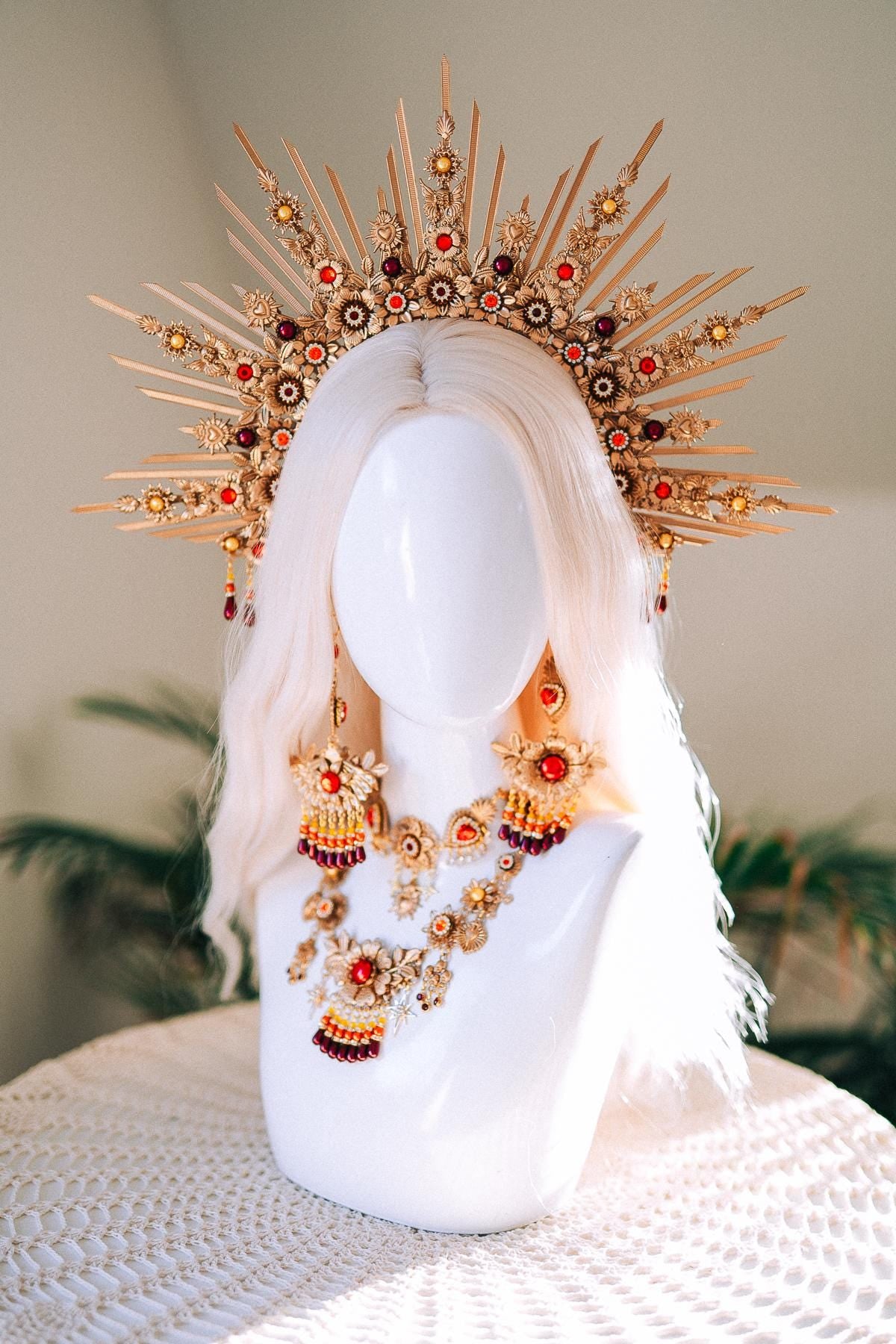 La Catrina Necklace Red Roses Gold Flowers Sacred Heart Mexican Día De Los Muertos Jewelry Spiritual Festival Goddess Choker