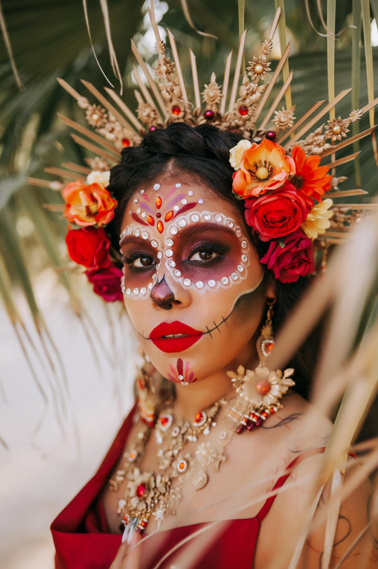 La Catrina Crown Red Roses Orange Flowers Gold Halo Mexican Día De Los Muertos Headpiece Spiritual Floral Goddess Crown