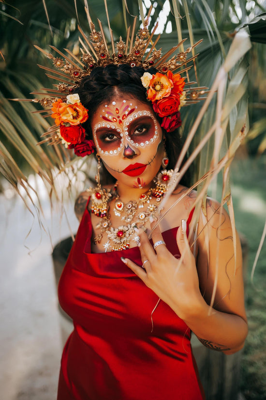 La Catrina Hairpin Set Red Roses Gold Flowers Sacred Skulls Mexican Día De Los Muertos Hair Accessories Floral Spiritual Headpiece