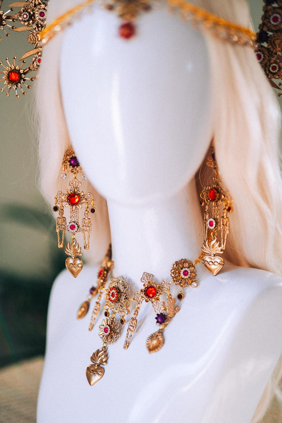 La Catrina Crown Red Roses Pink Flowers Gold Sacred Hearts Mexican Día De Los Muertos Halo Spiritual Goddess Festival Headpiece
