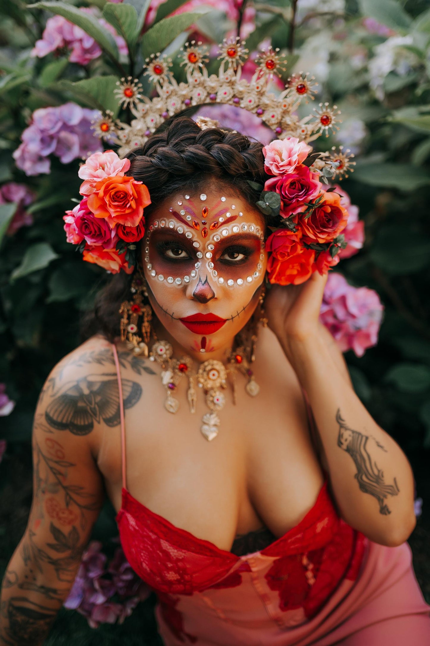 La Catrina Necklace Red Roses Pink Flowers Gold Sacred Hearts Mexican Día De Los Muertos Jewelry Spiritual Festival Goddess Statement