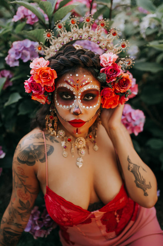 La Catrina Necklace Red Roses Pink Flowers Gold Sacred Hearts Mexican Día De Los Muertos Jewelry Spiritual Festival Goddess Statement